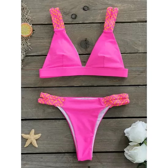 Contrast Color Hollow Padded Spaghetti-Neck Bikini Swimsuit Contrast Color Hollow Padded Spaghetti-Neck Bikini Swimsuit