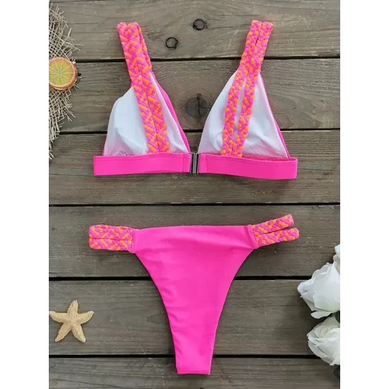 Contrast Color Hollow Padded Spaghetti-Neck Bikini Swimsuit Contrast Color Hollow Padded Spaghetti-Neck Bikini Swimsuit