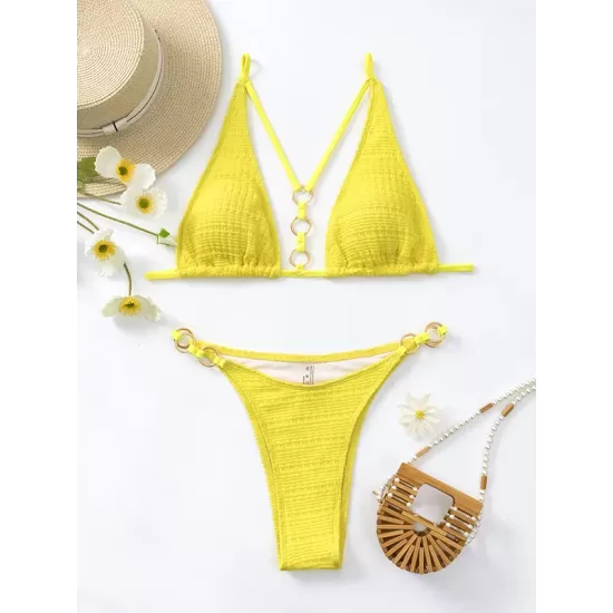 Backless Hollow Solid Color Padded Spaghetti-Neck Bikini Swimsuit Backless Hollow Solid Color Padded Spaghetti-Neck Bikini Swimsuit