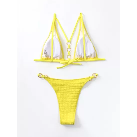 Backless Hollow Solid Color Padded Spaghetti-Neck Bikini Swimsuit Backless Hollow Solid Color Padded Spaghetti-Neck Bikini Swimsuit