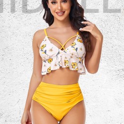 Padded Contrast Color Falbala Floral Printed Hollow Bikini Swimsuit