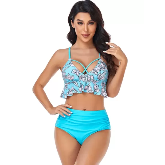 Padded Contrast Color Falbala Floral Printed Hollow Bikini Swimsuit Padded Contrast Color Falbala Floral Printed Hollow Bikini Swimsuit