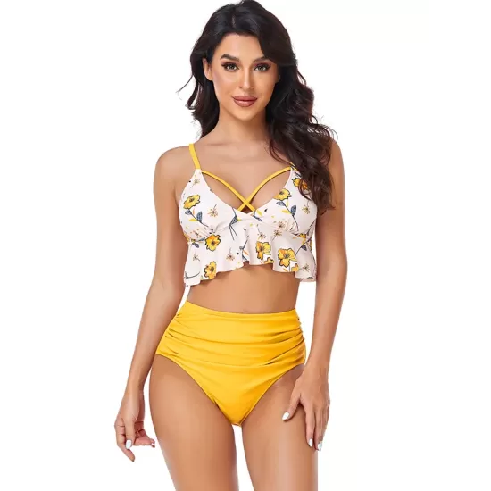 Padded Contrast Color Falbala Floral Printed Hollow Bikini Swimsuit Padded Contrast Color Falbala Floral Printed Hollow Bikini Swimsuit