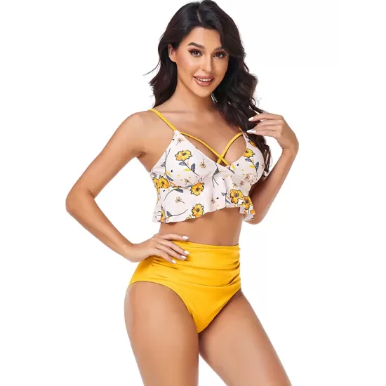 Padded Contrast Color Falbala Floral Printed Hollow Bikini Swimsuit Padded Contrast Color Falbala Floral Printed Hollow Bikini Swimsuit