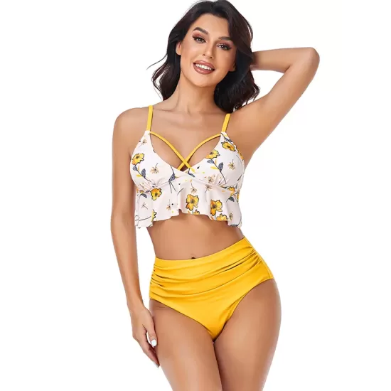 Padded Contrast Color Falbala Floral Printed Hollow Bikini Swimsuit Padded Contrast Color Falbala Floral Printed Hollow Bikini Swimsuit