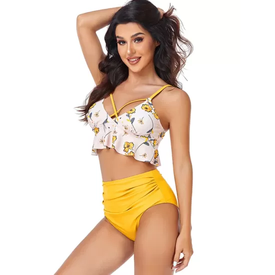 Padded Contrast Color Falbala Floral Printed Hollow Bikini Swimsuit Padded Contrast Color Falbala Floral Printed Hollow Bikini Swimsuit