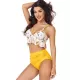 Padded Contrast Color Falbala Floral Printed Hollow Bikini Swimsuit Padded Contrast Color Falbala Floral Printed Hollow Bikini Swimsuit