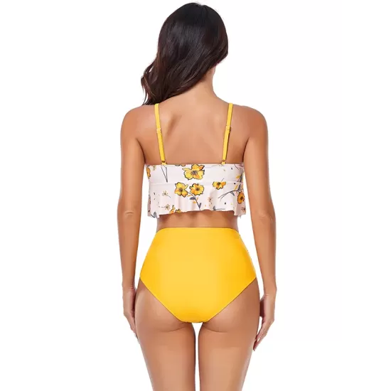 Padded Contrast Color Falbala Floral Printed Hollow Bikini Swimsuit Padded Contrast Color Falbala Floral Printed Hollow Bikini Swimsuit