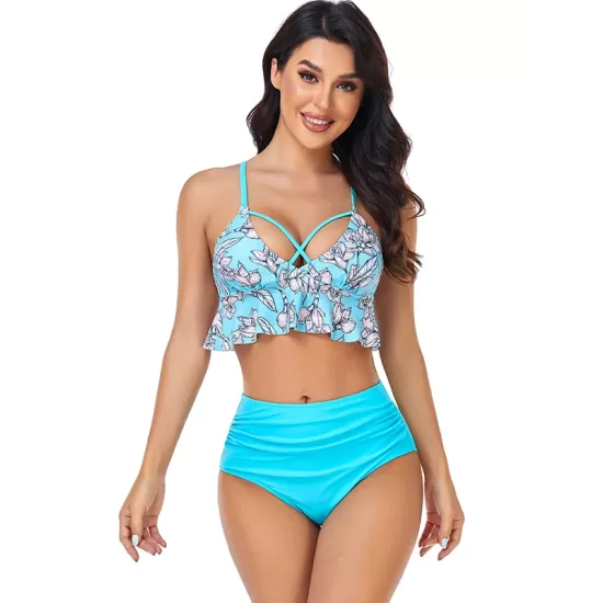 Padded Contrast Color Falbala Floral Printed Hollow Bikini Swimsuit Padded Contrast Color Falbala Floral Printed Hollow Bikini Swimsuit