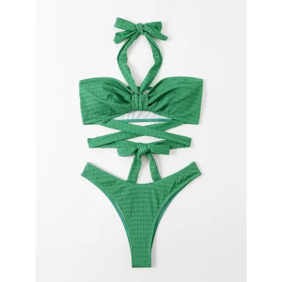 Padded Bandage Hollow Halter-Neck Bikini Swimsuit Padded Bandage Hollow Halter-Neck Bikini Swimsuit