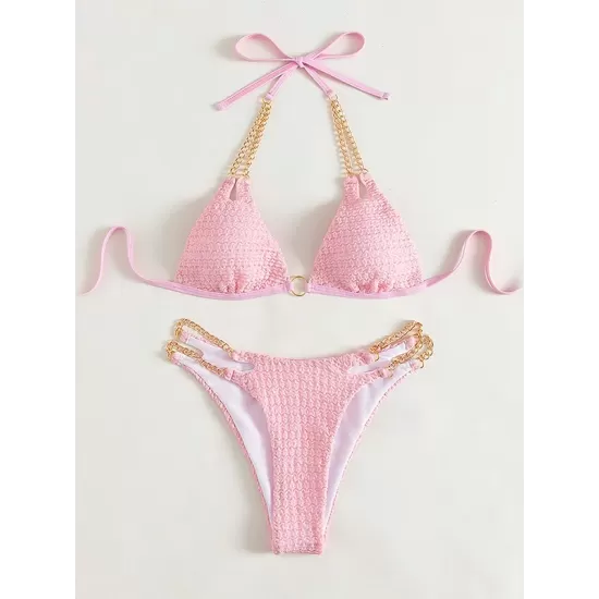 Padded Backless Bandage Belly-Hollow Chains Halter-Neck Bikini Swimsuit Padded Backless Bandage Belly-Hollow Chains Halter-Neck Bikini Swimsuit