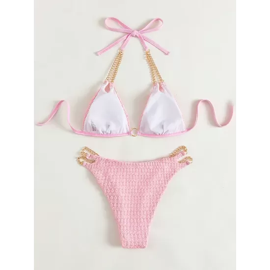 Padded Backless Bandage Belly-Hollow Chains Halter-Neck Bikini Swimsuit Padded Backless Bandage Belly-Hollow Chains Halter-Neck Bikini Swimsuit
