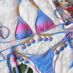 Padded Bandage Chains Shell Color-Block Bikini Swimsuit