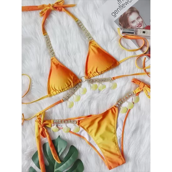 Padded Bandage Chains Shell Color-Block Bikini Swimsuit Padded Bandage Chains Shell Color-Block Bikini Swimsuit