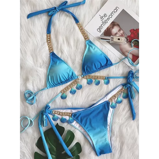 Padded Bandage Chains Shell Color-Block Bikini Swimsuit Padded Bandage Chains Shell Color-Block Bikini Swimsuit