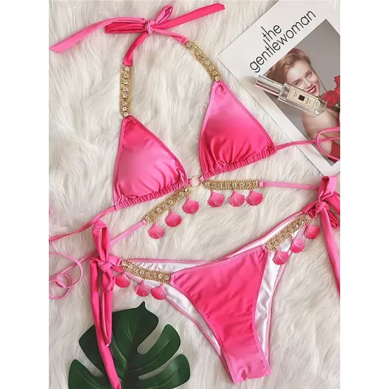 Padded Bandage Chains Shell Color-Block Bikini Swimsuit Padded Bandage Chains Shell Color-Block Bikini Swimsuit