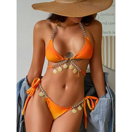 Padded Bandage Chains Shell Color-Block Bikini Swimsuit Padded Bandage Chains Shell Color-Block Bikini Swimsuit