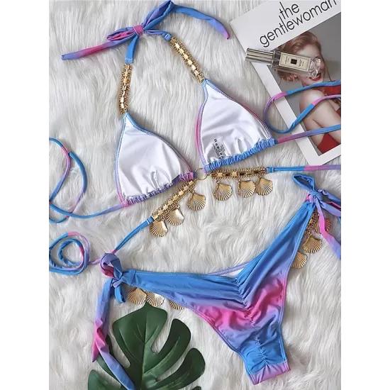 Padded Bandage Chains Shell Color-Block Bikini Swimsuit Padded Bandage Chains Shell Color-Block Bikini Swimsuit