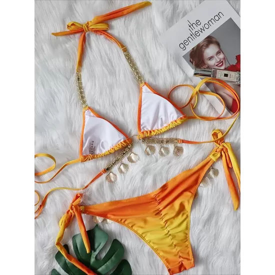 Padded Bandage Chains Shell Color-Block Bikini Swimsuit Padded Bandage Chains Shell Color-Block Bikini Swimsuit