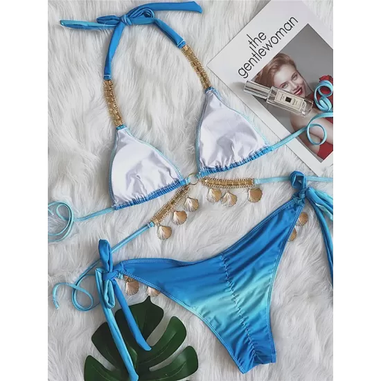Padded Bandage Chains Shell Color-Block Bikini Swimsuit Padded Bandage Chains Shell Color-Block Bikini Swimsuit