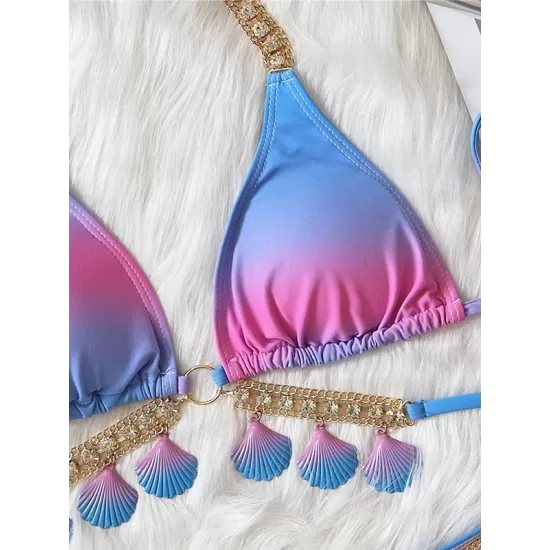 Padded Bandage Chains Shell Color-Block Bikini Swimsuit Padded Bandage Chains Shell Color-Block Bikini Swimsuit