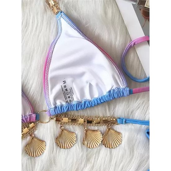 Padded Bandage Chains Shell Color-Block Bikini Swimsuit Padded Bandage Chains Shell Color-Block Bikini Swimsuit