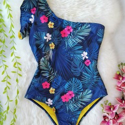 Floral One-Shoulder Falbala Tight One-Piece Swimwear