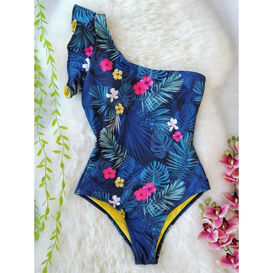 Floral One-Shoulder Falbala Tight One-Piece Swimwear Floral One-Shoulder Falbala Tight One-Piece Swimwear