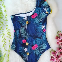 Floral One-Shoulder Falbala Tight One-Piece Swimwear