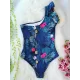 Floral One-Shoulder Falbala Tight One-Piece Swimwear Floral One-Shoulder Falbala Tight One-Piece Swimwear