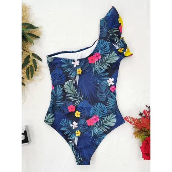 Floral One-Shoulder Falbala Tight One-Piece Swimwear Floral One-Shoulder Falbala Tight One-Piece Swimwear