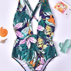 Floral-Print Backless One-Piece Swimwear