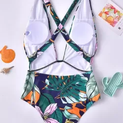 Floral-Print Backless One-Piece Swimwear