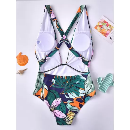Floral-Print Backless One-Piece Swimwear Floral-Print Backless One-Piece Swimwear