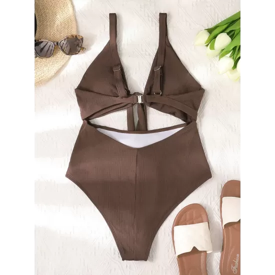 Solid Color Hollow Bandage One-Piece Swimwear Solid Color Hollow Bandage One-Piece Swimwear