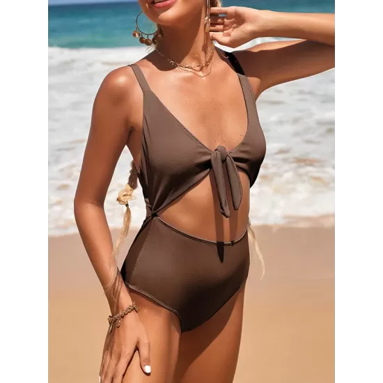 Solid Color Hollow Bandage One-Piece Swimwear Solid Color Hollow Bandage One-Piece Swimwear