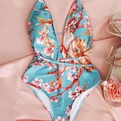 Spaghetti-Neck Floral Belted One-Piece Swimwear