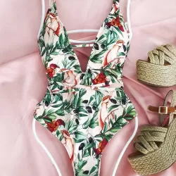 Spaghetti-Neck Floral Belted One-Piece Swimwear