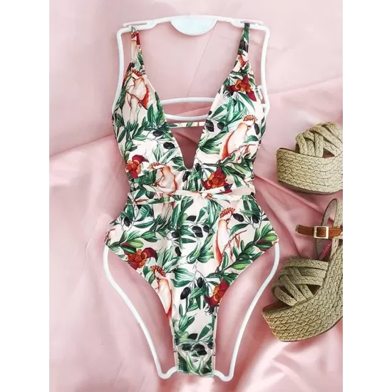 Spaghetti-Neck Floral Belted One-Piece Swimwear Spaghetti-Neck Floral Belted One-Piece Swimwear