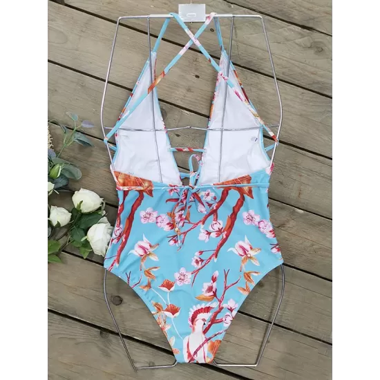 Spaghetti-Neck Floral Belted One-Piece Swimwear Spaghetti-Neck Floral Belted One-Piece Swimwear