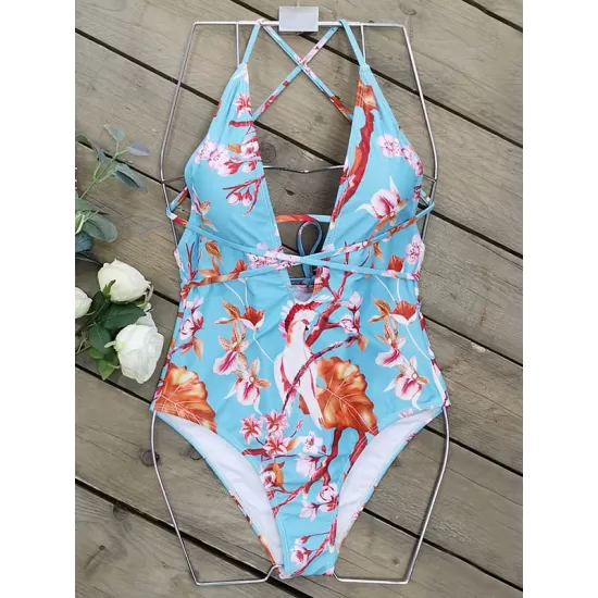 Spaghetti-Neck Floral Belted One-Piece Swimwear Spaghetti-Neck Floral Belted One-Piece Swimwear
