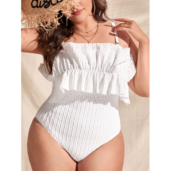 Padded Lacy Ruffled Solid Color Spaghetti-Neck One-Piece Swimwear Padded Lacy Ruffled Solid Color Spaghetti-Neck One-Piece Swimwear