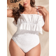 Padded Lacy Ruffled Solid Color Spaghetti-Neck One-Piece Swimwear Padded Lacy Ruffled Solid Color Spaghetti-Neck One-Piece Swimwear