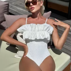 Padded Lacy Ruffled Solid Color Spaghetti-Neck One-Piece Swimwear