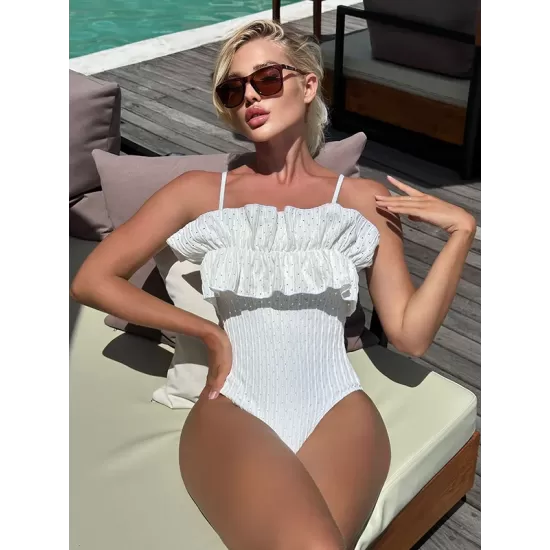 Padded Lacy Ruffled Solid Color Spaghetti-Neck One-Piece Swimwear Padded Lacy Ruffled Solid Color Spaghetti-Neck One-Piece Swimwear