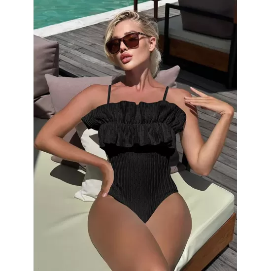 Padded Lacy Ruffled Solid Color Spaghetti-Neck One-Piece Swimwear Padded Lacy Ruffled Solid Color Spaghetti-Neck One-Piece Swimwear