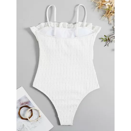 Padded Lacy Ruffled Solid Color Spaghetti-Neck One-Piece Swimwear Padded Lacy Ruffled Solid Color Spaghetti-Neck One-Piece Swimwear