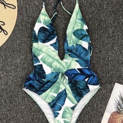 Leaf Printing  Deep V-Neck Backless One-Piece Swimwear