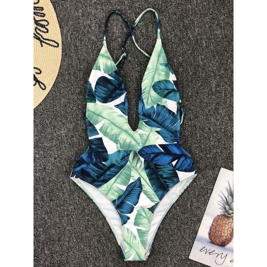 Leaf Printing Deep V-Neck Backless One-Piece Swimwear Leaf Printing Deep V-Neck Backless One-Piece Swimwear