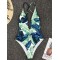 Leaf Printing  Deep V-Neck Backless One-Piece Swimwear